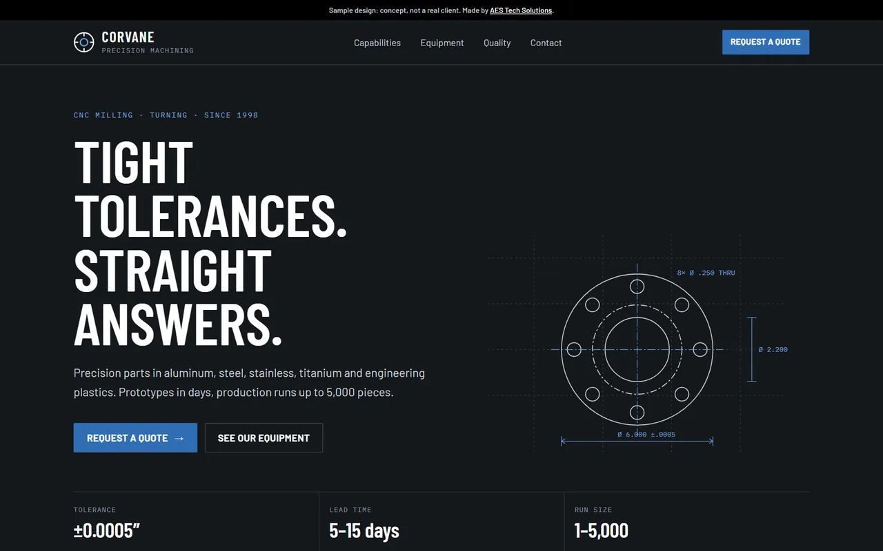 Homepage of Corvane Precision Machining, a sample design: dark header, the headline “Tight tolerances. Straight answers.” and a Request a Quote button.