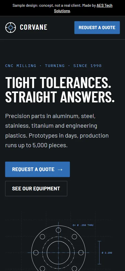 The same Corvane Precision Machining sample on a phone screen.